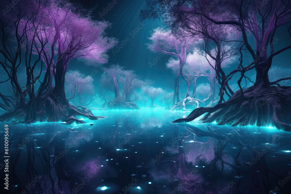 Magical forest at night. Bioluminescent fungi and glowing flowers. Generative AI