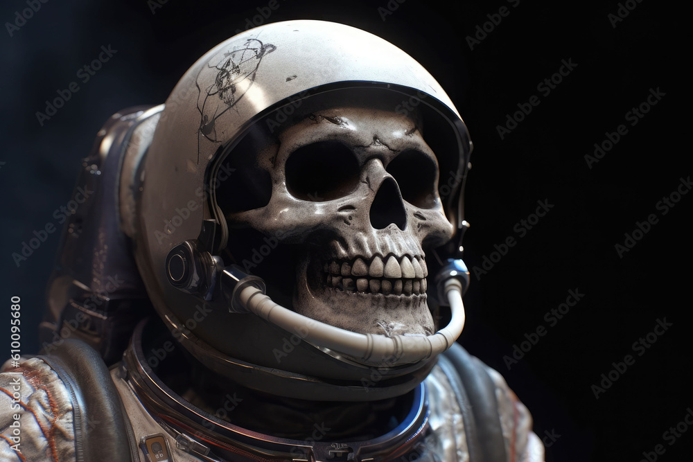 A skullface astronaut in the space suit and a helmet. A dead spaceman in the space. Generative AI A skullface astronaut in the space suit and a helmet. A dead spaceman in the space. Generative AI