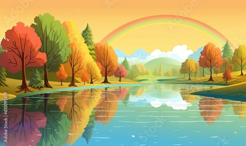  a painting of a river with a rainbow in the sky and trees around it and a rainbow in the sky and a rainbow in the water.  generative ai