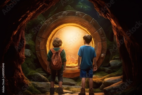 Children in the forest in front of round portal to fantasy dimensions. Generative AI