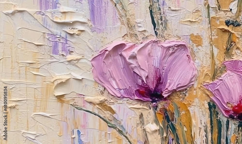  a painting of two pink flowers on a yellow and purple background, with a white stripe in the middle of the painting and a pink flower in the middle of the painting.  generative ai