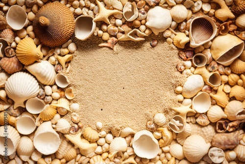 Seashells may be found on a sandy beach. Summertime setting. View from Above. Generative AI