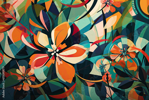 cubist-style wallpaper design featuring a vibrant and abstract interpretation of a floral pattern  with bold colors and overlapping shapes  generative ai