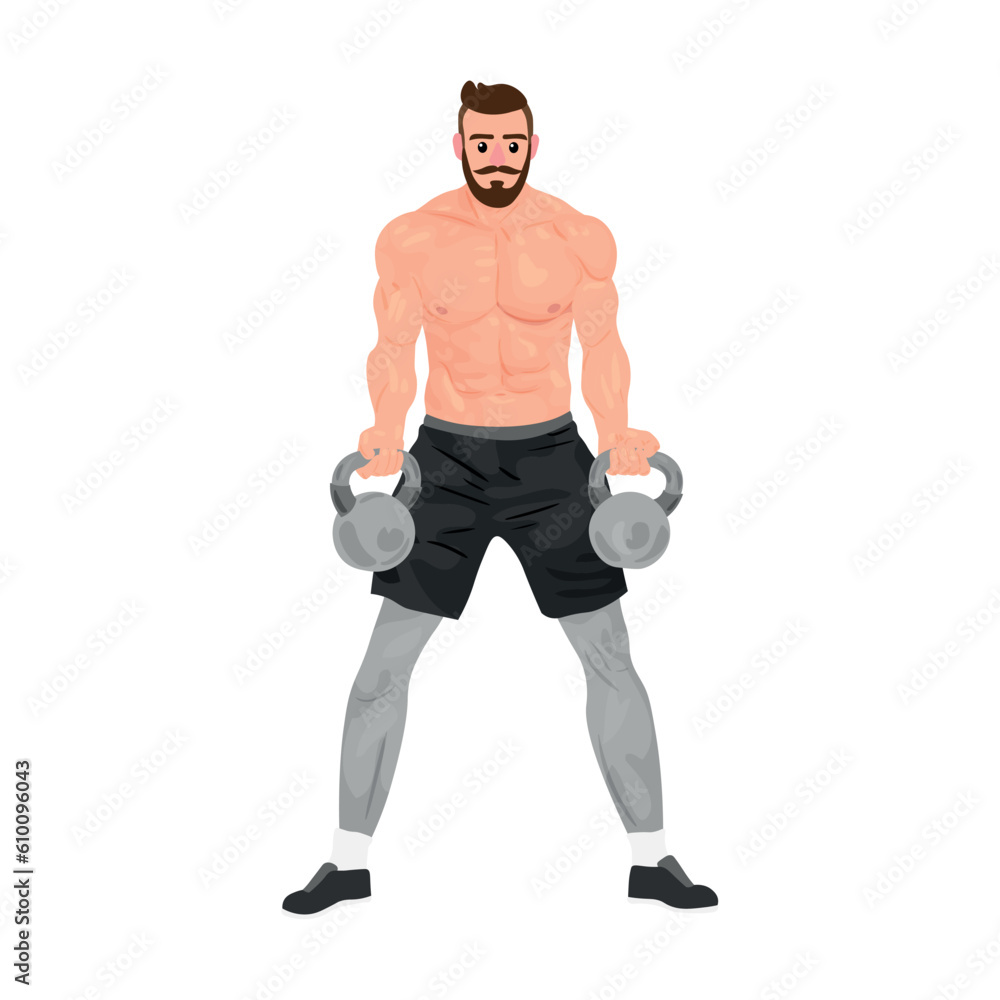 Muscled bodybuilder with kettlebells on white background Muscled bodybuilder with kettlebells on white background