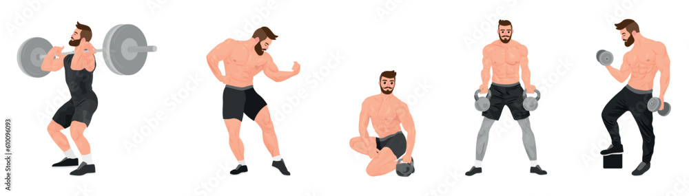 Set of muscled bodybuilders on white background