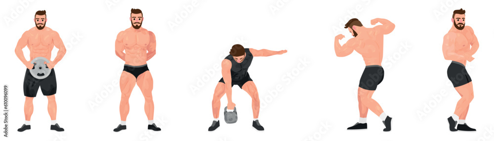 Set of muscled bodybuilders on white background Set of muscled bodybuilders on white background