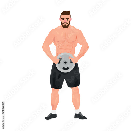 Muscled bodybuilder with weight plate on white background