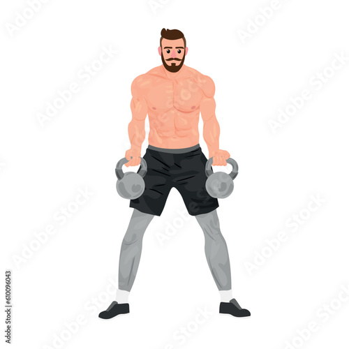 Muscled bodybuilder with kettlebells on white background