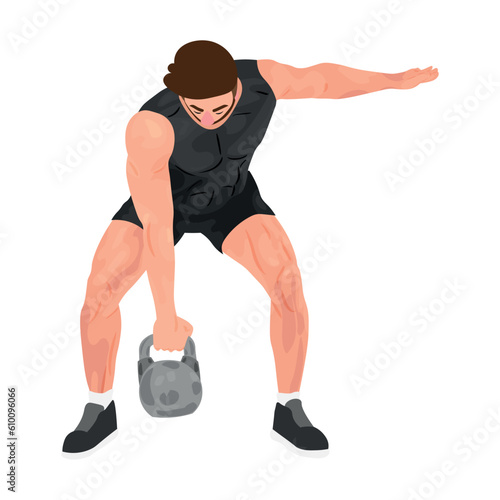 Muscled bodybuilder with kettlebell on white background