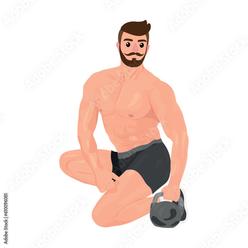 Muscled bodybuilder with kettlebell on white background