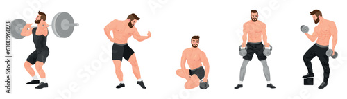 Set of muscled bodybuilders on white background
