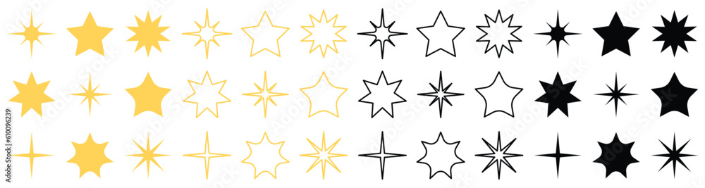 Stars collection icon. Yellow and Black set of Stars, isolated on transparent background. Star vector collection. Vector illustration. Stars collection icon. Yellow and Black set of Stars, isolated on transparent background. Star vector collection. Vector illustration.