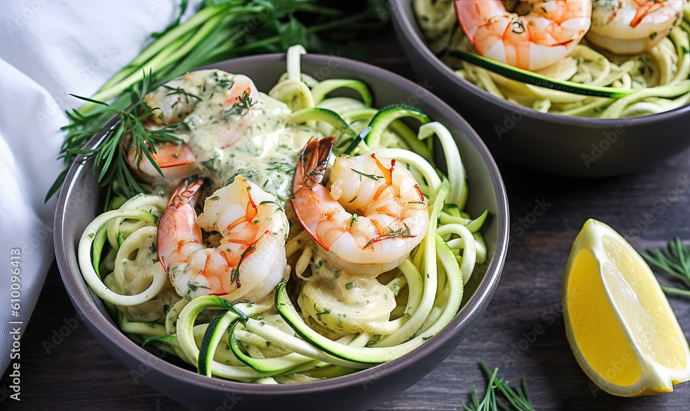 two bowls of shrimp and zucchini pasta with a lemon wedge on the side and a lemon wedge on the side of the bowl. generative ai two bowls of shrimp and zucchini pasta with a lemon wedge on the side and a lemon wedge on the side of the bowl. generative ai