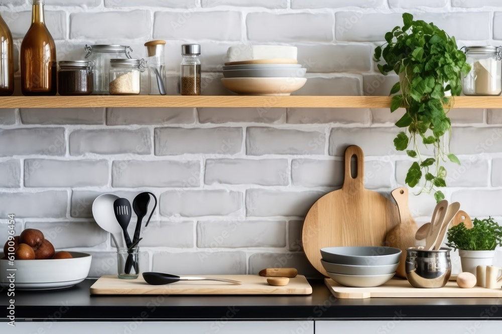 stock photo of Modern kitchen countertop with domestic view Photography AI Generated stock photo of Modern kitchen countertop with domestic view Photography AI Generated