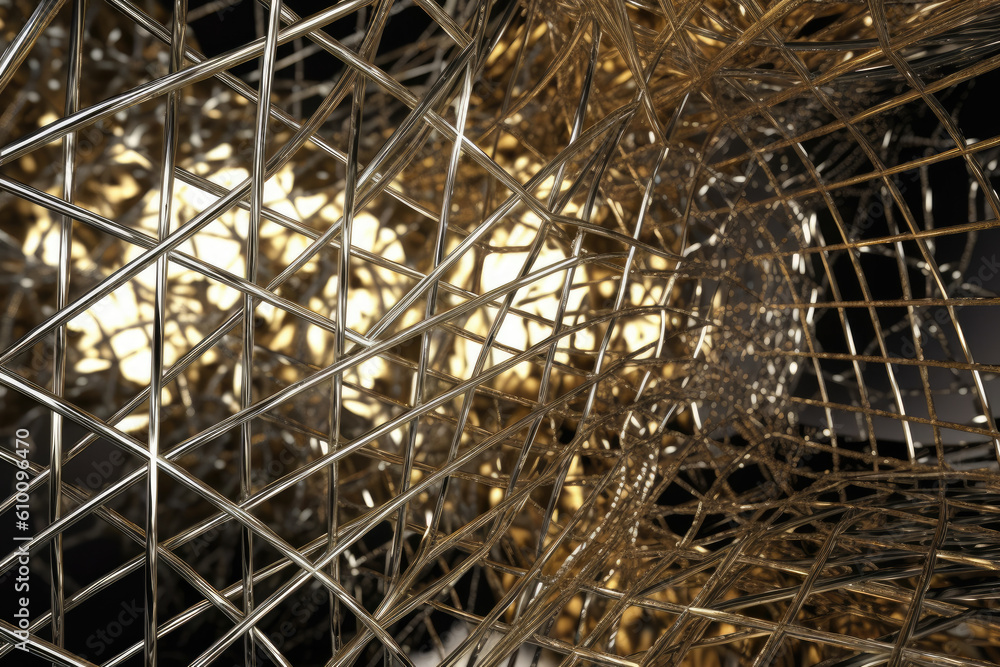 Distorted grid with a metallic effect in shades of silver and gold, generative ai