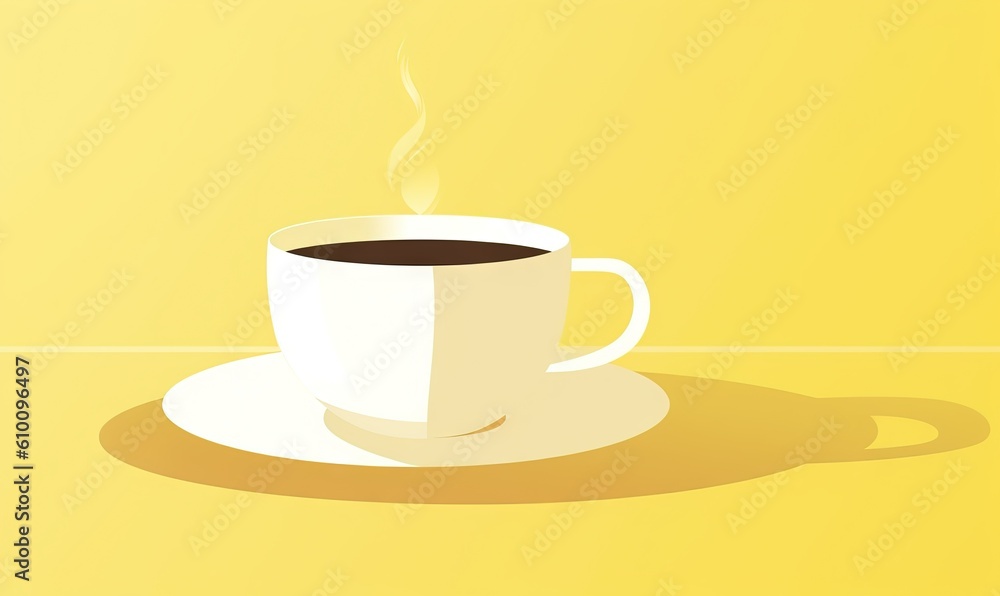 Obraz premium a cup of coffee sitting on top of a saucer on a yellow tablecloth with a shadow of a cup of coffee on it. generative ai