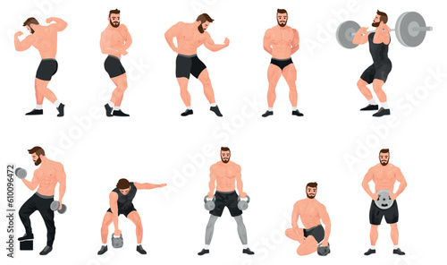 Set of many muscled bodybuilders on white background