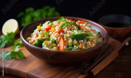  a bowl of rice and vegetables on a cutting board with chopsticks and a small bowl of sauce on the side of the bowl. generative ai