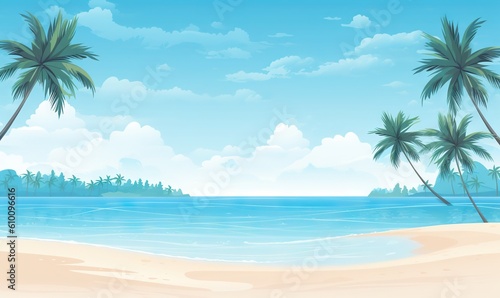  a painting of a tropical beach with palm trees and a blue sky with clouds in the background and a small island in the middle of the water.  generative ai © Olga