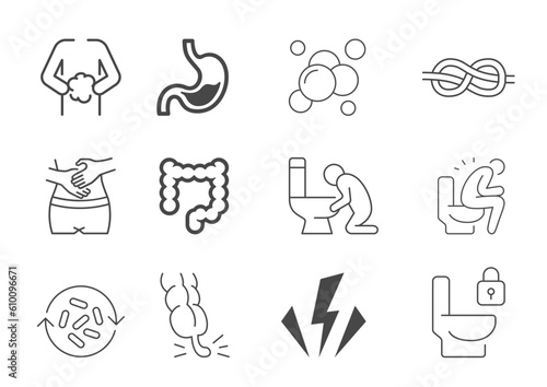 Stomach disease symptoms flat line icons set. Abdominal pain, appendicitis, heartburn, cramps, diarrhea vector illustration. Thin sign for digestion