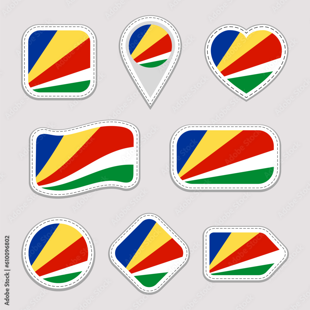 Seychelles flag vector set. Seychellois, stickers collection. Isolated geometric icons. Country national symbols badges. Web, sport page, patriotic, travel design elements. Different shapes.