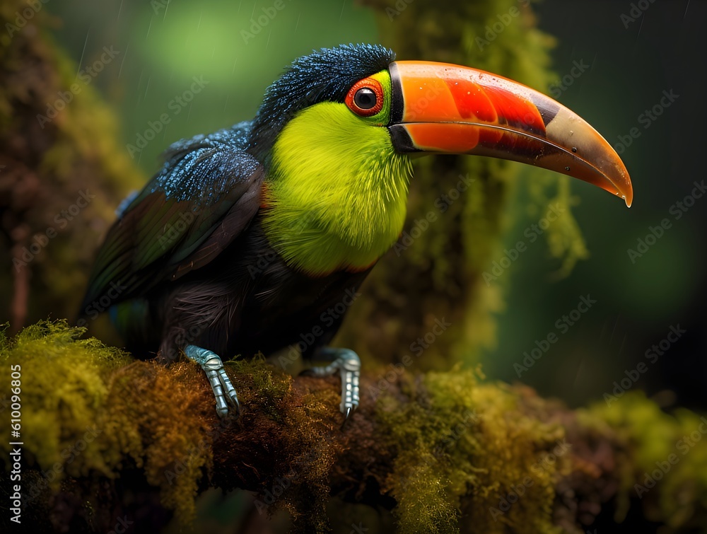 Obraz premium In the heart of the lush rainforest, a rare and vibrant toucan perches on a moss-covered branch, its colorful beak and glossy feathers a testament to the natural wonders, Generative AI