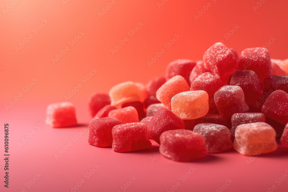 Multicolored sweet marmalade candies on a red background with copy space. Jelly candies, confectionery sweets. Generative AI professional photo imitation. Multicolored sweet marmalade candies on a red background with copy space. Jelly candies, confectionery sweets. Generative AI professional photo imitation.