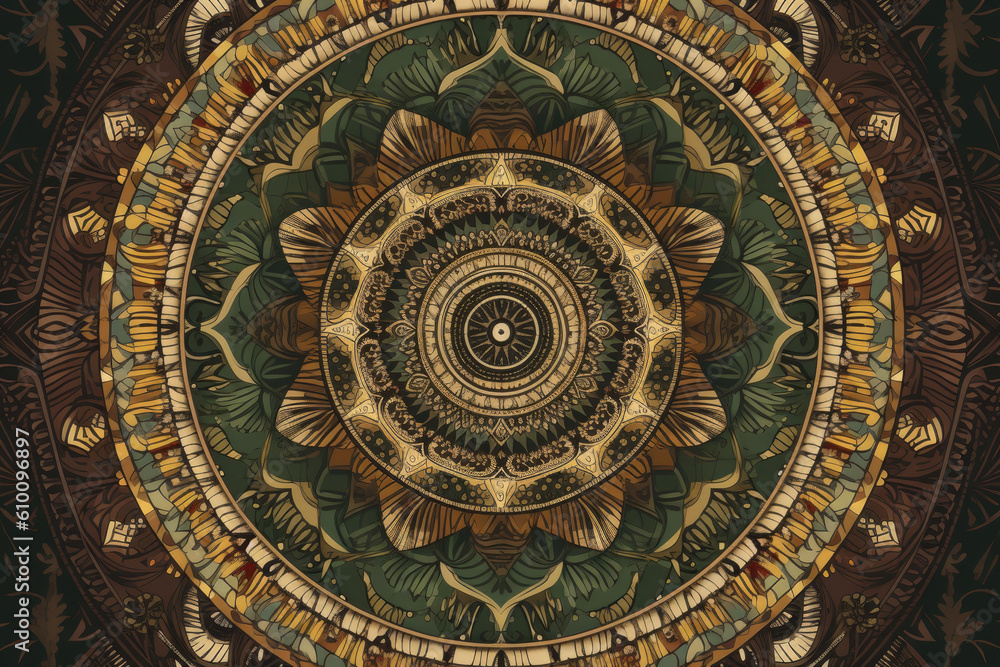 Earthy and Natural Mandala Pattern with Rich Browns, Greens, and Golds, generative ai