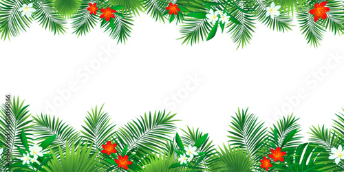 tropical rainforest seamless border frame. vector illustration with exotic tropic flowers, beautiful leaves, plants. Summer, travelling, vacation design. Cute amazon foliage template wallpaper.
