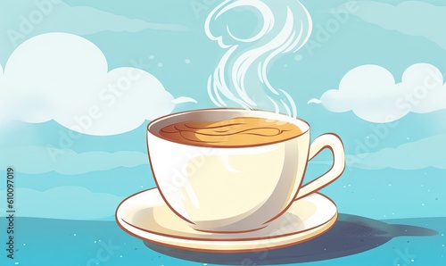  a cup of coffee sitting on top of a saucer on top of a plate on a blue tablecloth with clouds in the background. generative ai