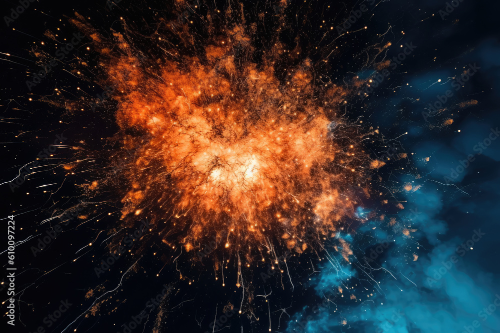 Fototapeta premium Electric sparks crackling and bursting with fiery energy against a deep blue sky, generative ai