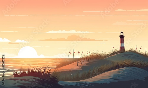  a painting of a lighthouse on a beach with a sunset in the background and a flag pole in the foreground and a flag pole in the foreground. generative ai