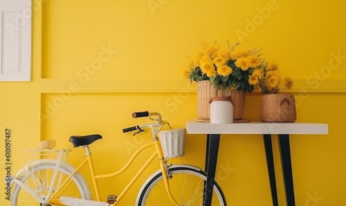  a yellow bike parked next to a white table with yellow flowers in a basket on top of the bike and a yellow wall behind it.  generative ai