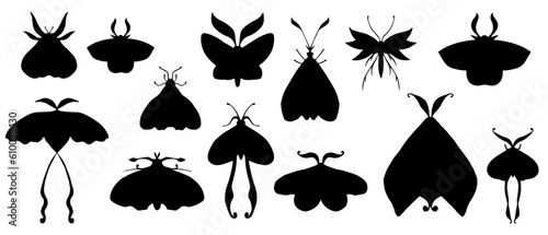 Set of silhouettes of winged insects of the night moth.Vector graphics.