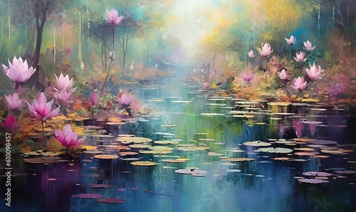 Photographie a painting of water lillies and trees in a forest with a river running through it and a sky filled with clouds and sun shining through the trees