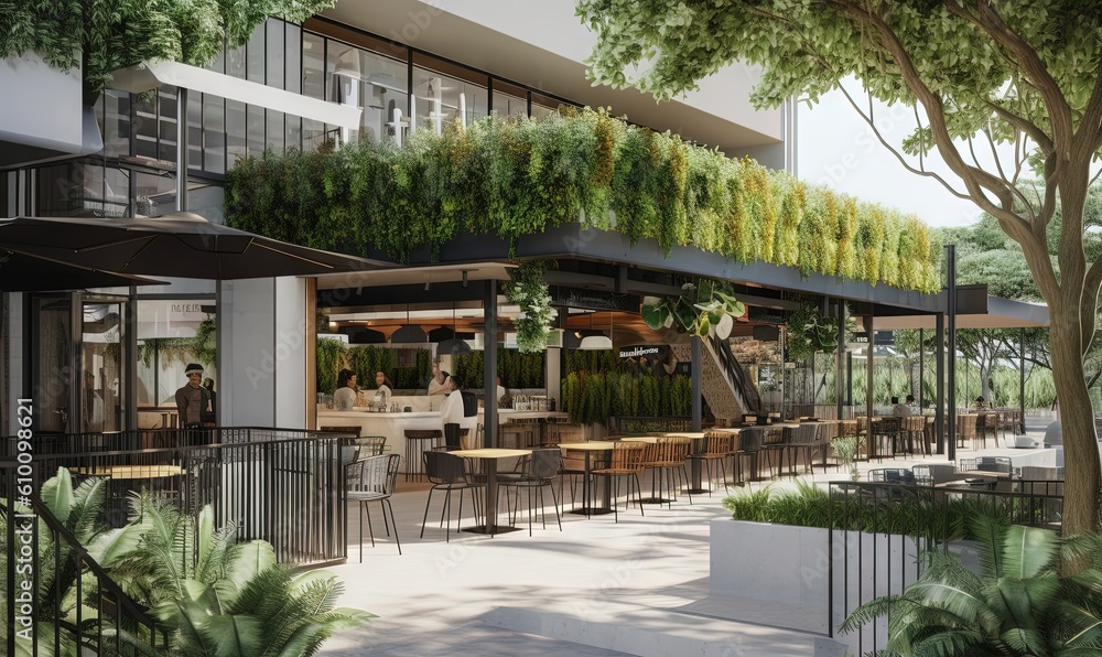 Obraz premium a rendering of a restaurant with plants growing on the roof of it's restaurant and people sitting at tables in front of the restaurant. generative ai