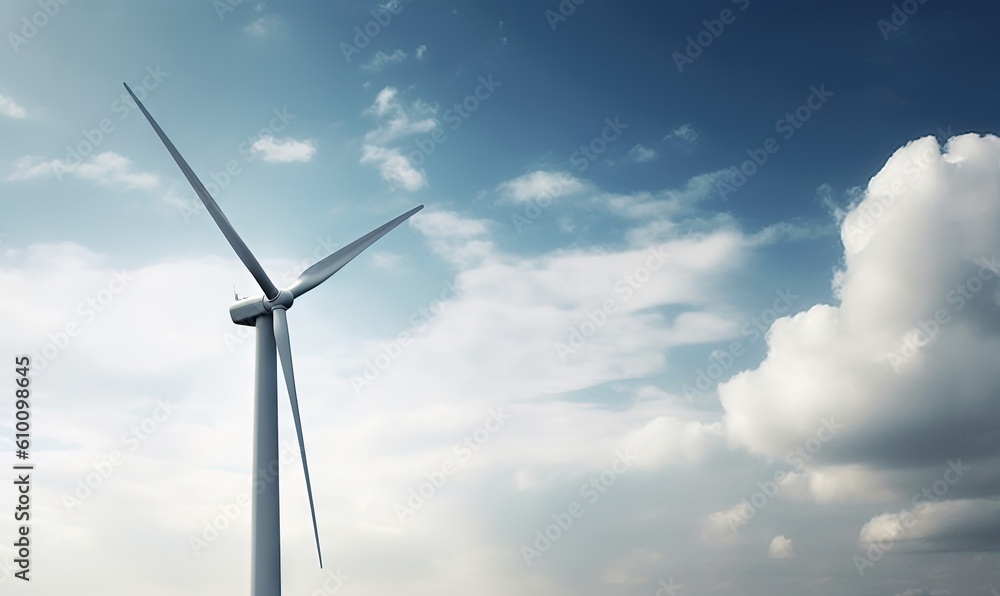 a wind turbine is shown against a blue sky with clouds in the foreground and a boat in the foreground, in the foreground. generative ai a wind turbine is shown against a blue sky with clouds in the foreground and a boat in the foreground, in the foreground. generative ai