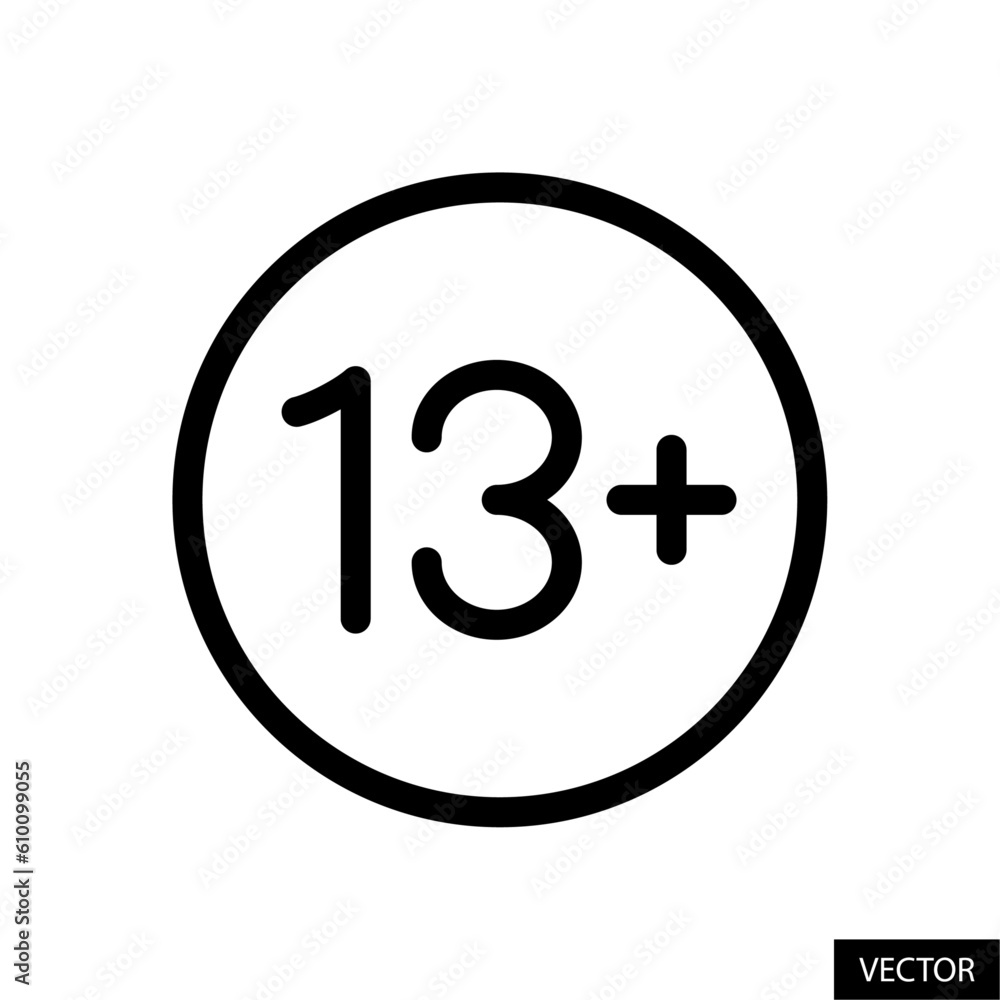 13+ content sign, thirteen plus age limit warning symbol vector icon in