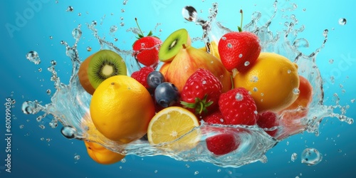 Fruit in water splash on blue background. Fresh Fruit splash and submerge under water, summer banner, summer fruits, created with generative ai