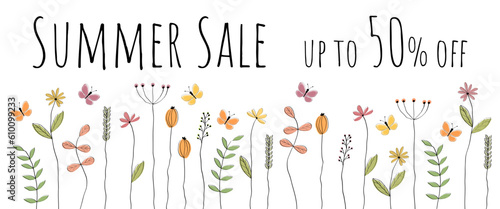 Summer Sale up to 50% off - Schriftzug in englischer Sprache - Sommerschlussverkauf bis zu 50% Rabatt. Verkaufsbanner mit einer bunten Blumenwiese.  photo