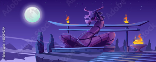 Temple on top of a mountain with a statue of a dragon. Panoramic landscape, mountains, moon. Ancient architecture, stone stairs, ruins, flames on the columns. Parallax, cartoon, vector illustration.