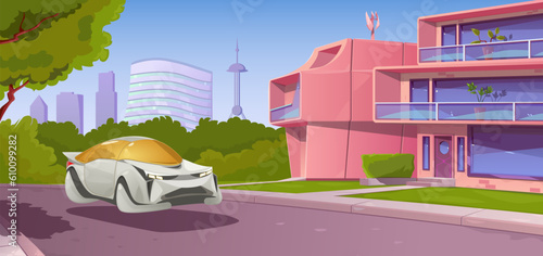 A futuristic city of the future, a flying electric car, modular houses made of composite materials, a wind generator. Suburban area, skyscrapers on the horizon. Sci-fi cartoon. Vector illustration.