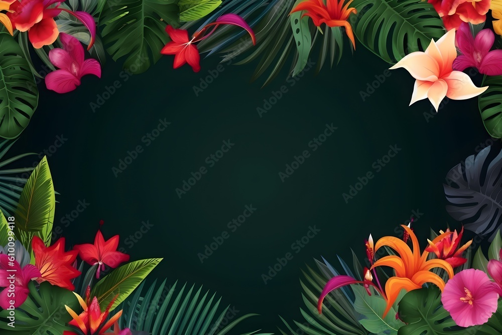 Fototapeta premium Tropical flowers on dark green background with copy space. Generative AI.