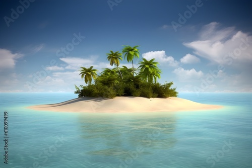 Small tropical island with sandy beach and palm trees in the ocean on a sunny day. Travel and recreation concept. Generative AI.
