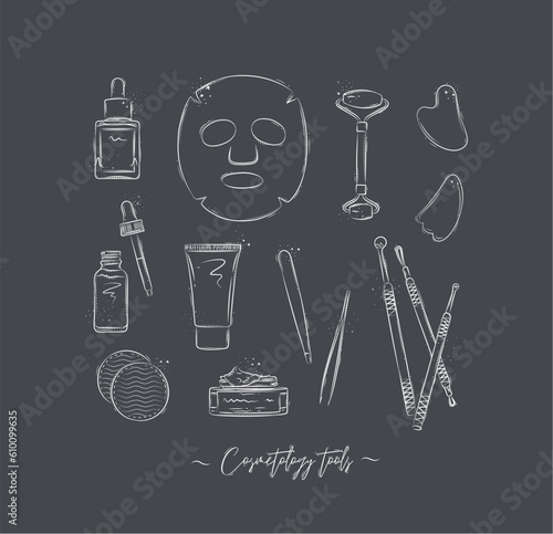 Face care tools serum bottle, anti-aging mask, hand and face cream, tweezers, cotton sponge, beautician tools, jade roller and gua sha massager drawing on grey backgrounFace care tools collection grey