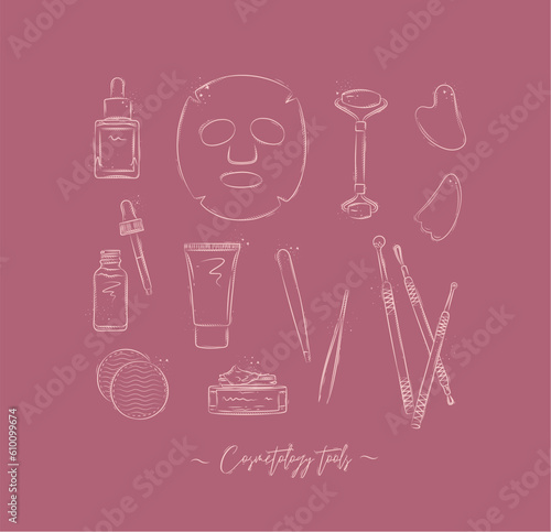 Face care tools serum bottle, anti-aging mask, hand and face cream, tweezers, cotton sponge, beautician tools, jade roller and gua sha massager drawing on pink background