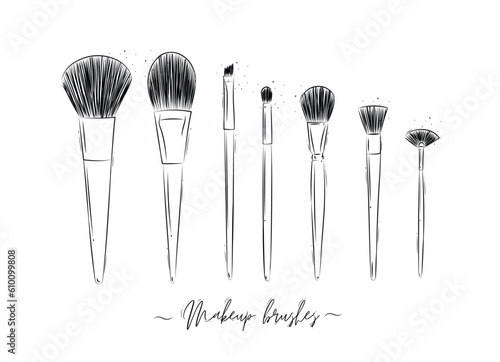 Brushes for makeup, powder, foundation, eye shadow beauty collection drawing on white background