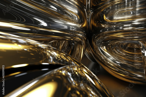 futuristic background of metallic rippled surfaces in shades of silver and gold, resembling the reflections of a high-tech laboratory, generative ai