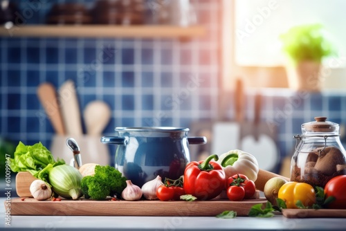 stock photo of Modern kitchen countertop with domestic view Photography AI Generated