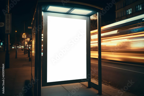 Modern Advertisement billboard in street, Vertical blank digital billboard mockup at bus stop in city street, Outdoor billboard mockup for advertisement placement